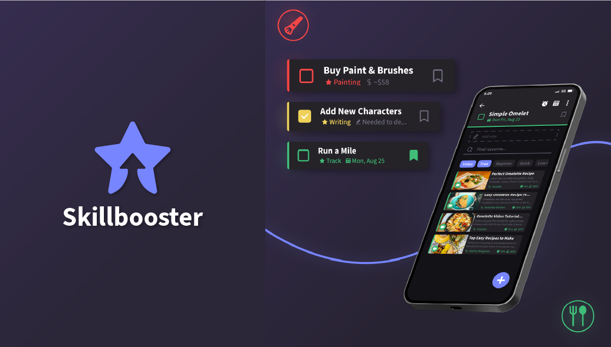 An AI task management and search engine app with a focus on skill improvement. It uses a combination of dark backgrounds with vibrant colors for a fun but professional experience. Features include setting a date and time for task reminders, using AI to search for tutorials on a given topic, and tracking the user’s progress on a given skill for milestones. The landing page extends the branding by promoting the app’s capabilities and giving a call to action.
