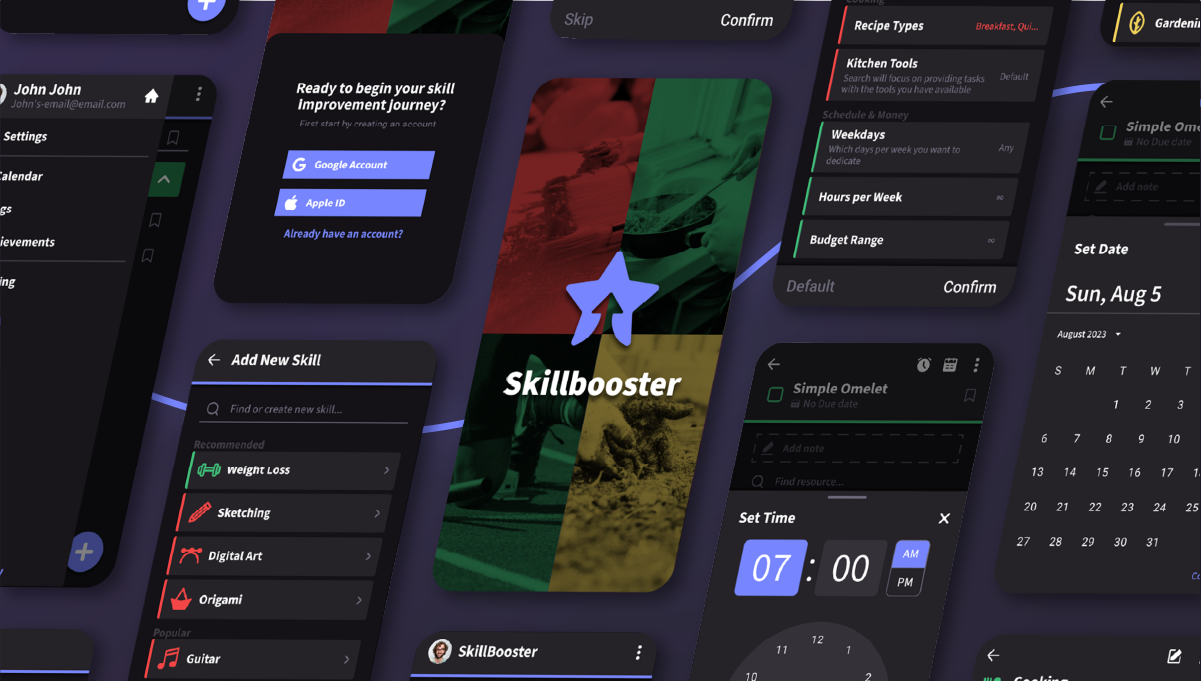 An AI task management and search engine app with a focus on skill improvement. It uses a combination of dark backgrounds with vibrant colors for a fun but professional experience. Features include setting a date and time for task reminders, using AI to search for tutorials on a given topic, and tracking the user’s progress on a given skill for milestones. The landing page extends the branding by promoting the app’s capabilities and giving a call to action.