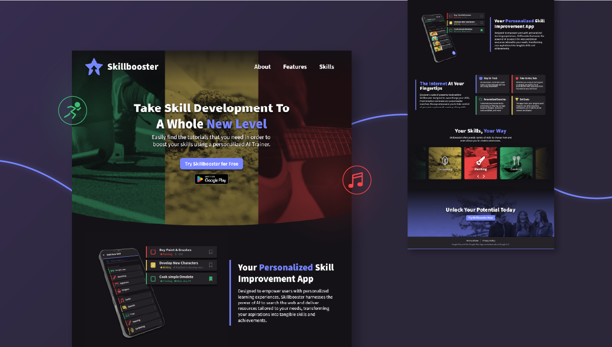 An AI task management and search engine app with a focus on skill improvement. It uses a combination of dark backgrounds with vibrant colors for a fun but professional experience. Features include setting a date and time for task reminders, using AI to search for tutorials on a given topic, and tracking the user’s progress on a given skill for milestones. The landing page extends the branding by promoting the app’s capabilities and giving a call to action.